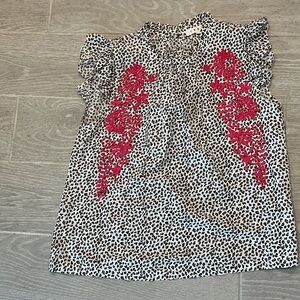 THML Leopard Print Flutter Sleeve Top with Pink Floral Embroidery Women’s Sz XS